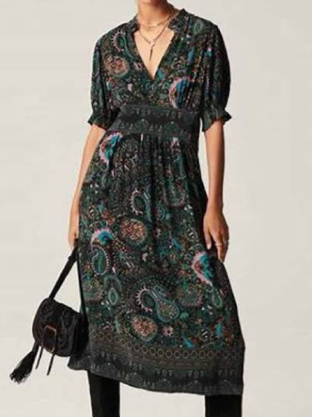ba&sh Zael Black Paisley Midi Dress with Teal and Mauve Accents